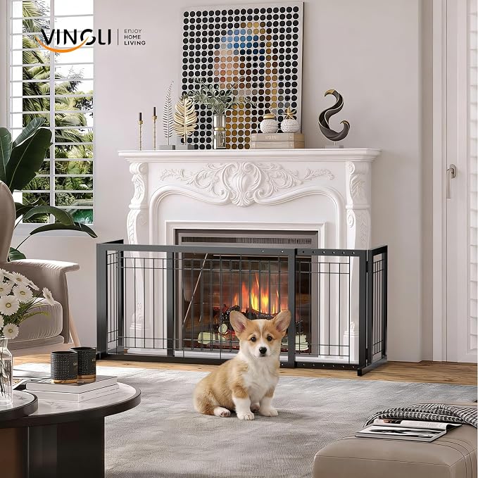 Bonnlo Free Standing Dog Gate, 37" - 68" Wide Pet Gate for Fireplace Stairs Doorways, Metal Adjustable Pet Fence Indoor, Christmas Tree Gate (Metal-Black)