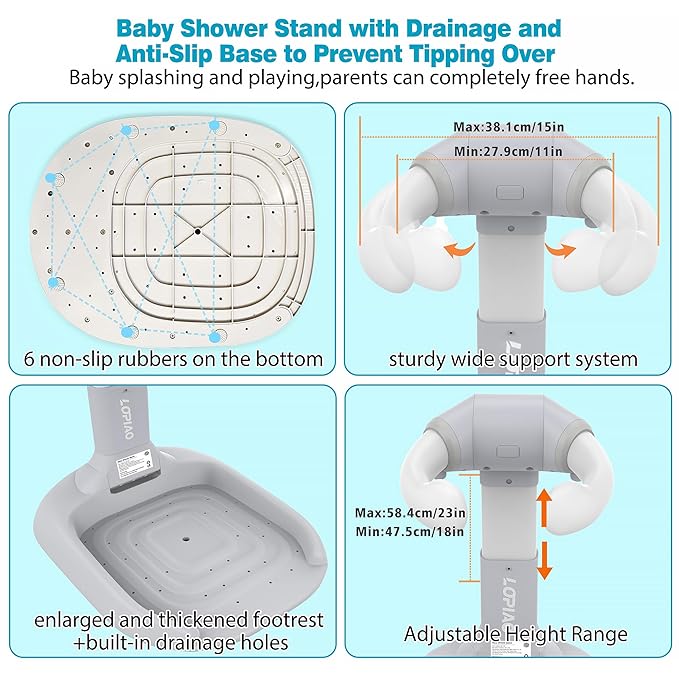 Baby Shower Stand, Adjustable & Foldable Baby Bath Stand with Anti-Slip Base,Anti-Pinch Silicone,Baby Shower Standing Support (6-36 Months),Portable Toddler Shower Stand| Soporte para Bañera de Bebé