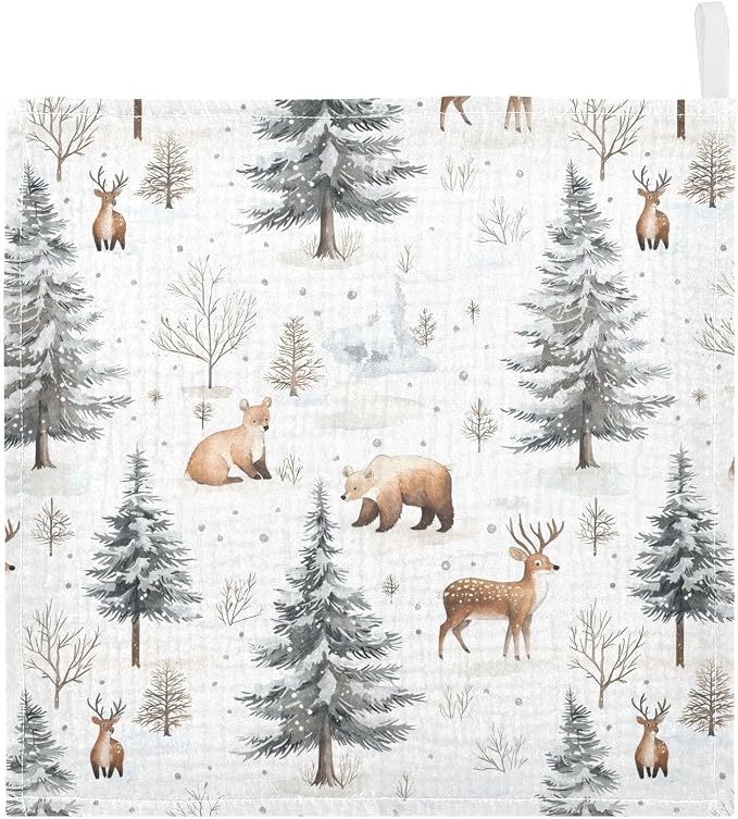 vvfelixl Baby Muslin Washcloths Winter Deer Bear Baby Burp Cloths Cotton Babys Face Towel for Infants Soft 11.8 X 11.8 in, 3 Pack