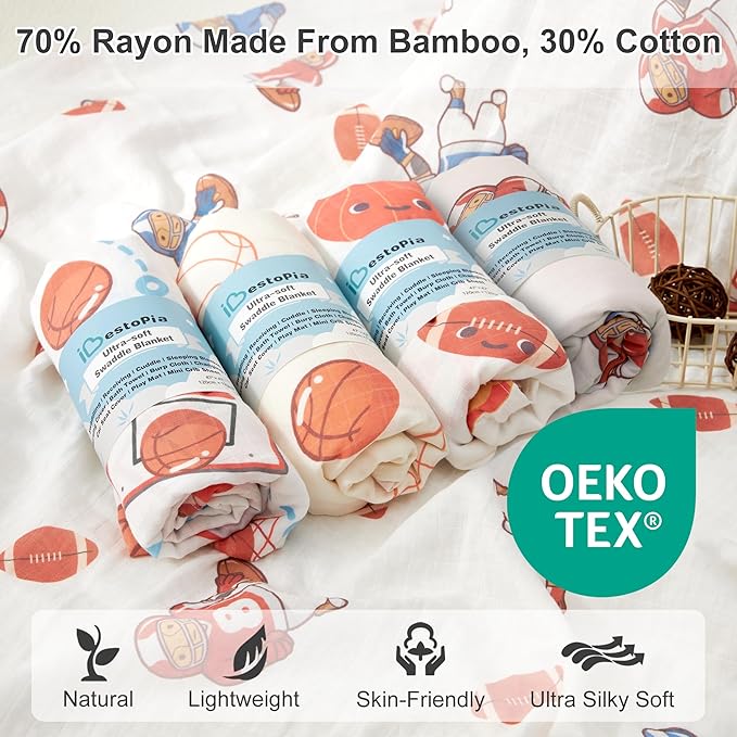 Muslin Swaddle Blankets for Newborn, 4 Pack Large 47"x47" Soft Breathable Bamboo Cotton Baby Blanket, Lightweight Receiving Blanket for Boys and Girls, Sports Collection