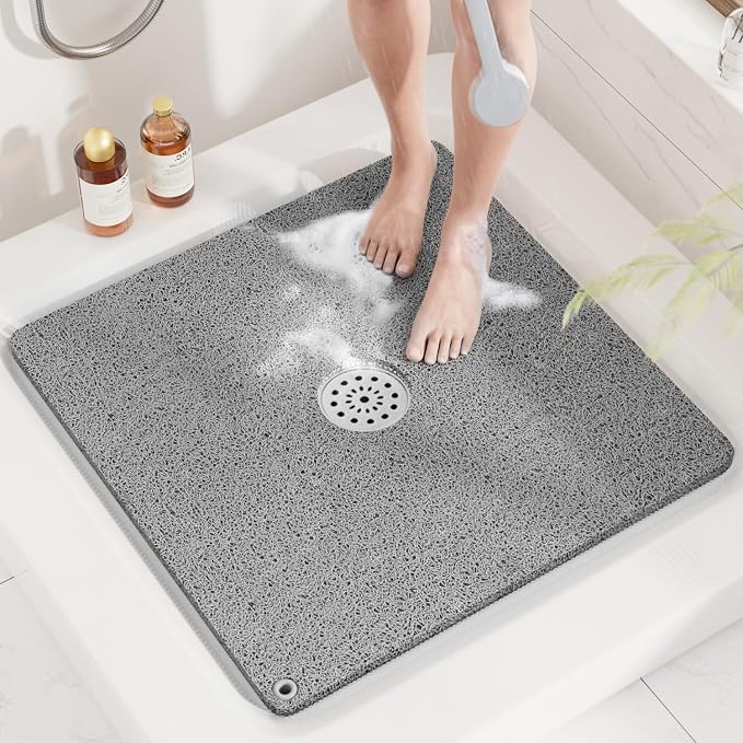 HITSLAM Shower Mat, 24x24 Inch Square Non Slip Bathtub Mat, Soft PVC Loofah Bath Mat for Tub with Hanging Holes, Quick Drying Shower Floor Mat, Without Suction Cups, Grey