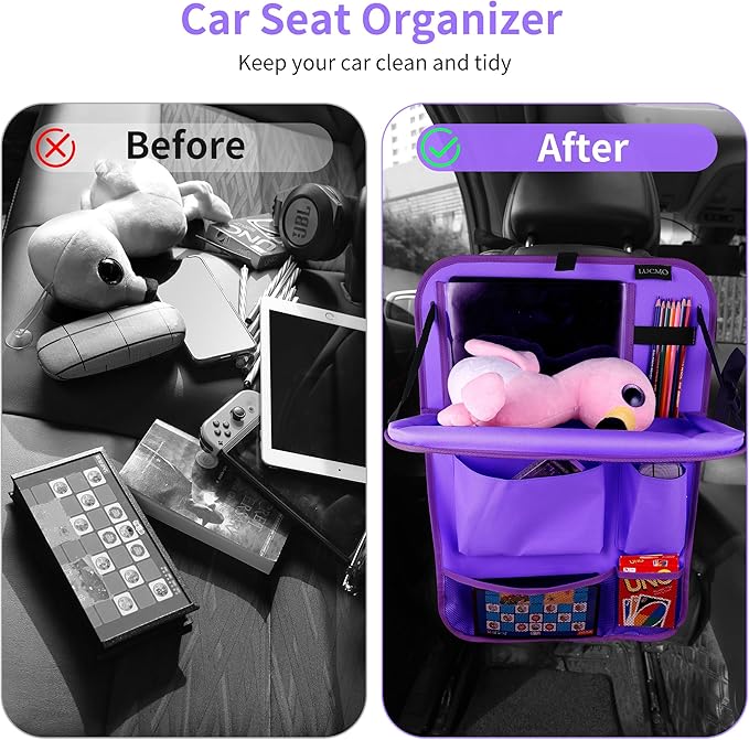 LUCMO Car Backseat Organizer with Tablet Holder,6 Storage Pockets Car Storage Organizer with Foldable Food Tray,Seat Protectors Kick Mats Travel Accessories-Dark Purple