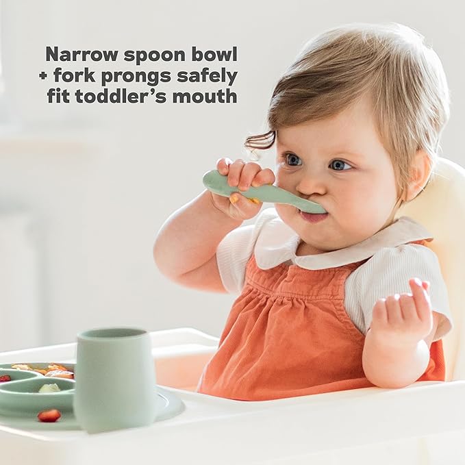 ezpz Mini Utensils - 12 Months+ (Fork & Spoon in Pewter) - 100% BPA Free Fork and Spoon - Toddler Utensils - Designed by a Pediatric Feeding Specialist