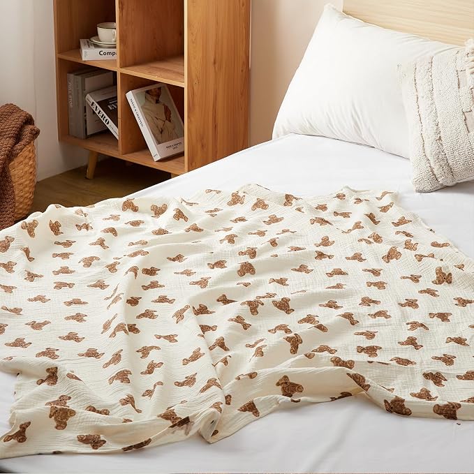 insular Muslin Swaddle Blankets for Boys Girls, 2 Pack Receiving Baby Blanket Large 47 x 47 inches, Soft Breathable Swaddling Wrap for Unisex Newborn, Teddy Bear&Khaki