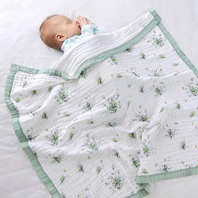 Jay & Ava Soft Cotton Muslin Blanket 42' x 42', Toddler Baby Crib Blanket - 4 Layers - Green Daisy