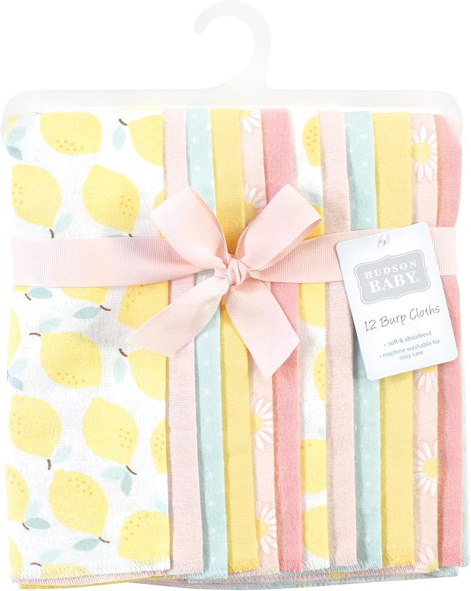 Hudson Baby Unisex Baby Cotton Flannel Burp Cloths Bundle, Lemon Daisy, One Size (Pack of 2)