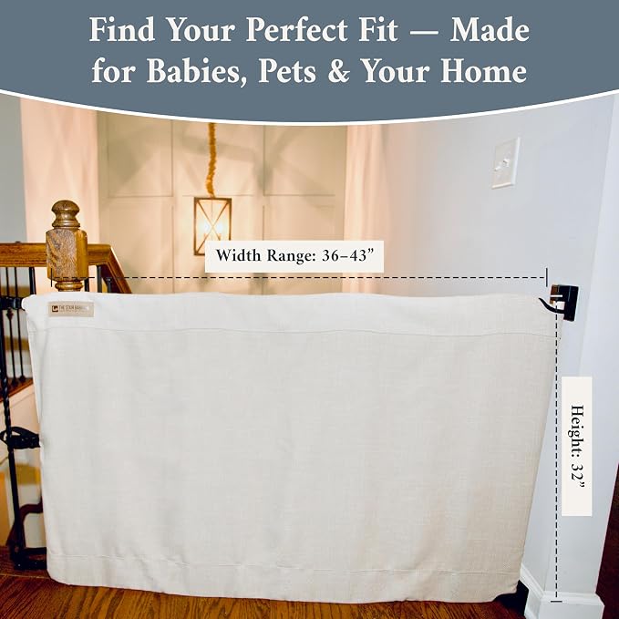 The Stair Barrier First Fabric Wall to Banister Baby Gate for Stairs 36”–43” Wide x 32” Tall – Dog Gate for Stairs, for Top or Bottom Staircase, Machine-Washable, Climb Proof, Designed in USA – Cream
