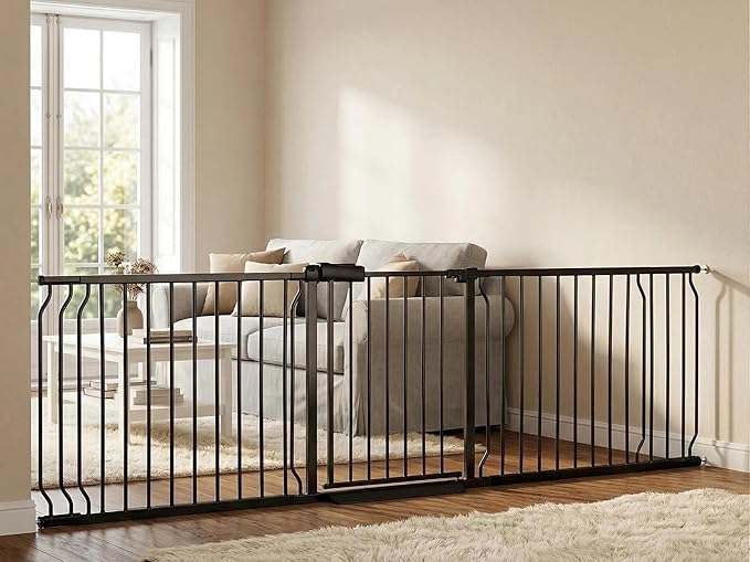 Heavy Duty Baby & Dog Safety Gate 86-104.7 Inch, Black Metal, Pressure Mounted No Drilling Pet Gate for Large Openings