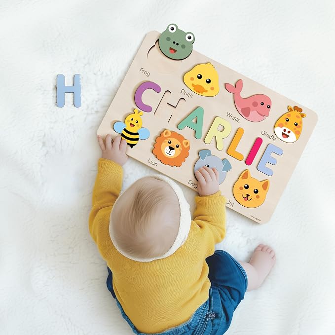 Cute Name Puzzle: Personalized with Name and Animals | 1st Birthday Gift, Wooden Toy Playful Learning Experience for Kids Ages 0-3: Handmade by Zuzu Puzzle, CPC Certified