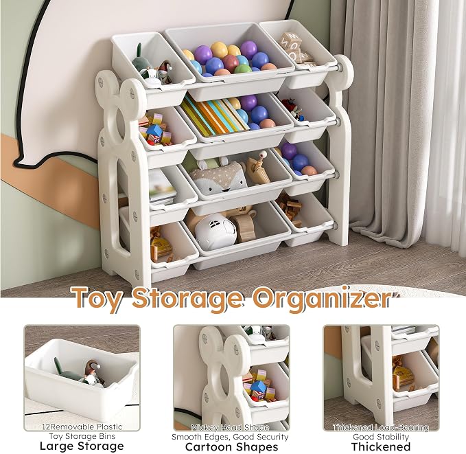 Kids Toy Organizer with 12 Storage Bins, Toy Organizer and Storage for Kids’ Toys, Children Toy Storage Organizer for Playroom, Kids Room, Nursery Room