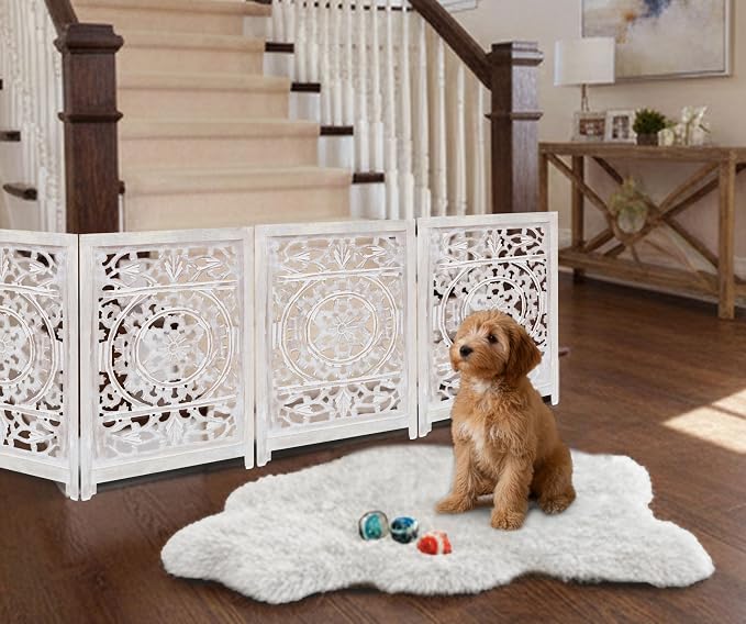 Croft&Cane Wooden Foldable Pet Dog Safety Gate - 4 Panel 20 W x 24 H - Hand Carved Suzani Free Standing Portable Indoor Puppy Gate - Doorway Hall Stairs Dog Fence - Assembled - White Wash