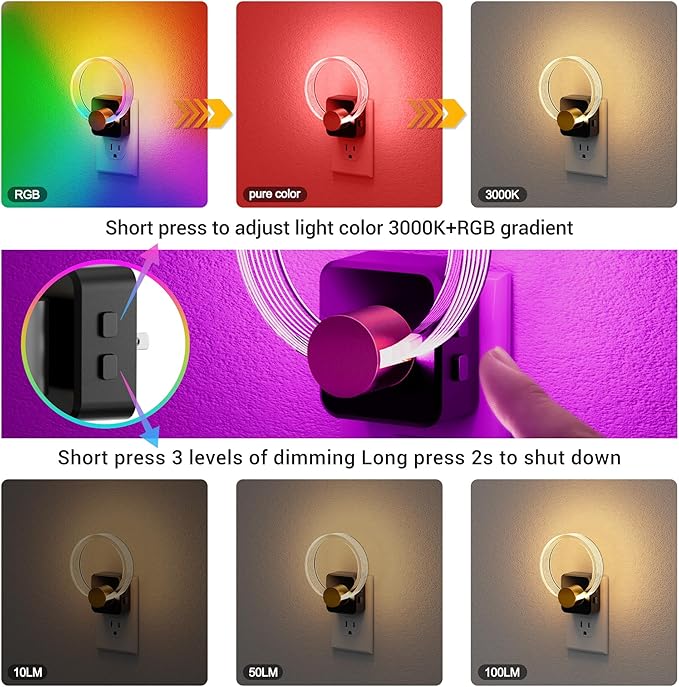 JandCase Night Light, 2 Pack Color Changing Night Lights Plug into Wall, RGB Nightlight with Light Sensor, 180° Rotatable Plug in Nightlights, Dimmable Ring Acrylic Night Light for Kids Gifts Hallway