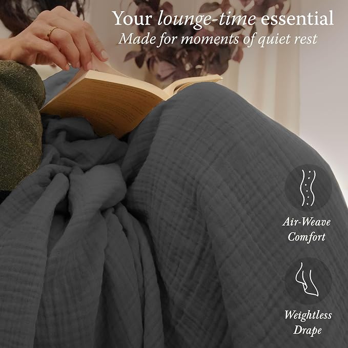 Threadmill Muslin Blanket for Queen Size Bed | 4 Layer 100% Cotton Gauze Blankets | Soft, Breathable and Cozy Bed Throw for All Seasons | Pre Washed, Lightweight Blanket Fits Full Size Bed | Dark Grey