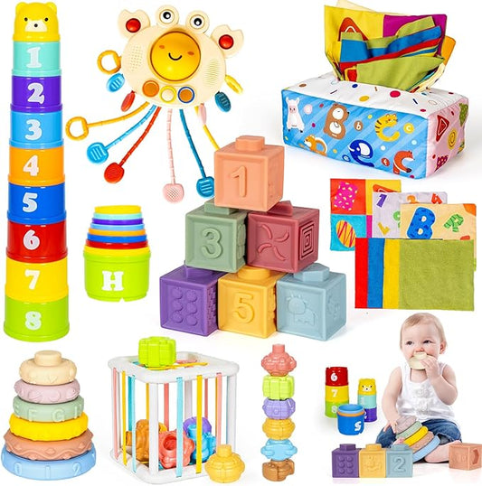 6 in 1 Montessori Toys for Babies Newborn Stacking Block Soft Infant Ring Shape Learning Sensory Bin Pull String Teething Toy Tissue Box for Toddlers 18M+ 2 3 Year Old Boy Girl Gift