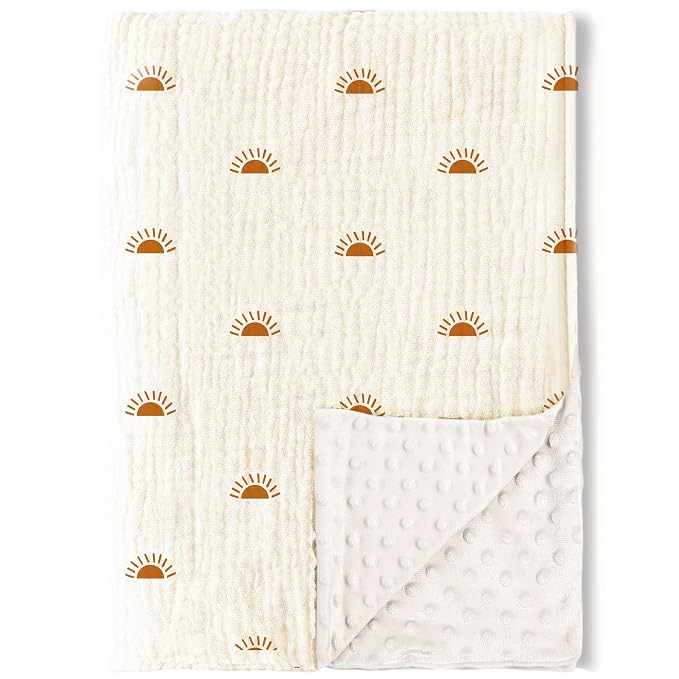 Konssy Baby Blankets for Unisex Boys Girls, Super Soft Nursery Minky Blankets with Muslin Cotton Front and Dotted Fleece Backing, Printed Bed Throws Newborn