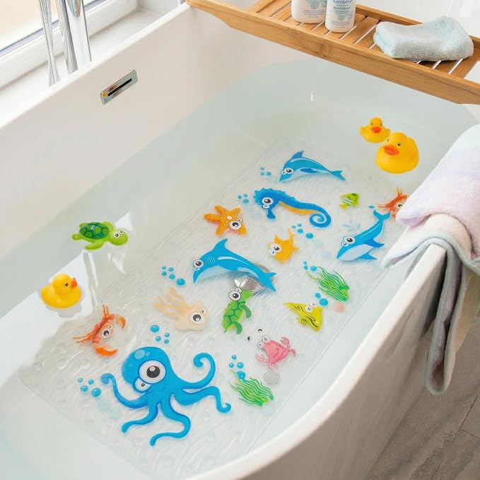 Cute Cartoon Non-Slip Bath Mat for Tub - Anti-Slip Kids Bathtub Mat, Slip-Resistant Shower Mat for Bathroom Safety, 35 X 15.3 Inch, Easy to Clean (Blue Ocean)