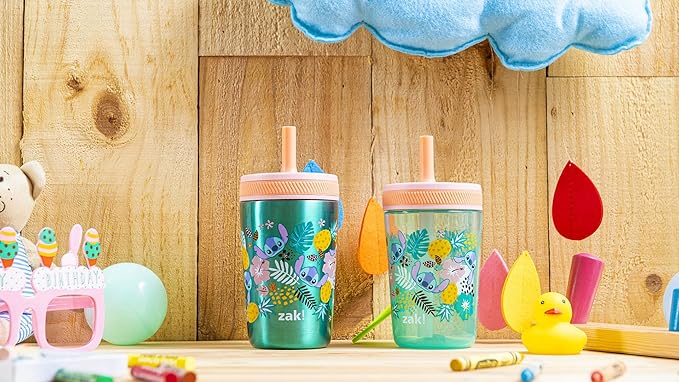 Zak Designs Disney Lilo and Stitch Kelso Tumbler Set, Leak-Proof Screw-On Lid with Straw, Bundle for Kids Includes Plastic and Stainless Steel Cups with Bonus Sipper (3pc Set, Non-BPA, Stitch)