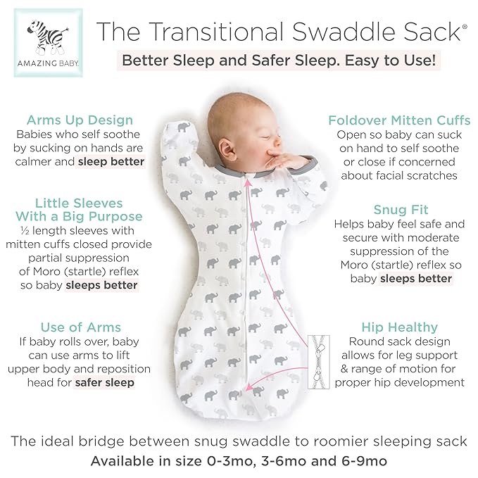 Amazing Baby Transitional Swaddle Sack with Arms Up Half-Length Sleeves and Mitten Cuffs, Small, 0-3 months, 6-14 lbs, Tiny Elephants, Sterling (Arms Up Swaddle, Transition Swaddle Sleep Sack)