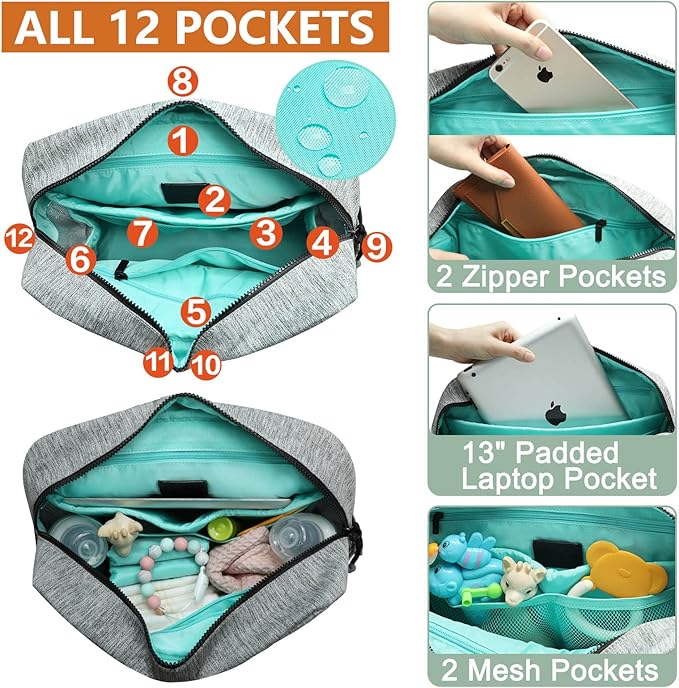 MOMINSIDE Diaper Bag Backpack, Small Diaper Bag, Mini Baby Diaper Bag with 12 Pockets, 4 Insulated Pockets, Changing Pad, Stroller Straps(Grey)