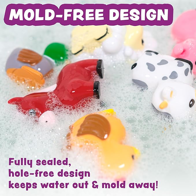 Tub Works® Barnyard??Mold Free Bath Toys, 6 Pack | Sealed, No Hole Bath Toys Design Keeps Moisture Out | Soft, Squeezable & Float on Water | Farm Animals Baby & Toddler Bathtub Toys | Baby Pool Toys