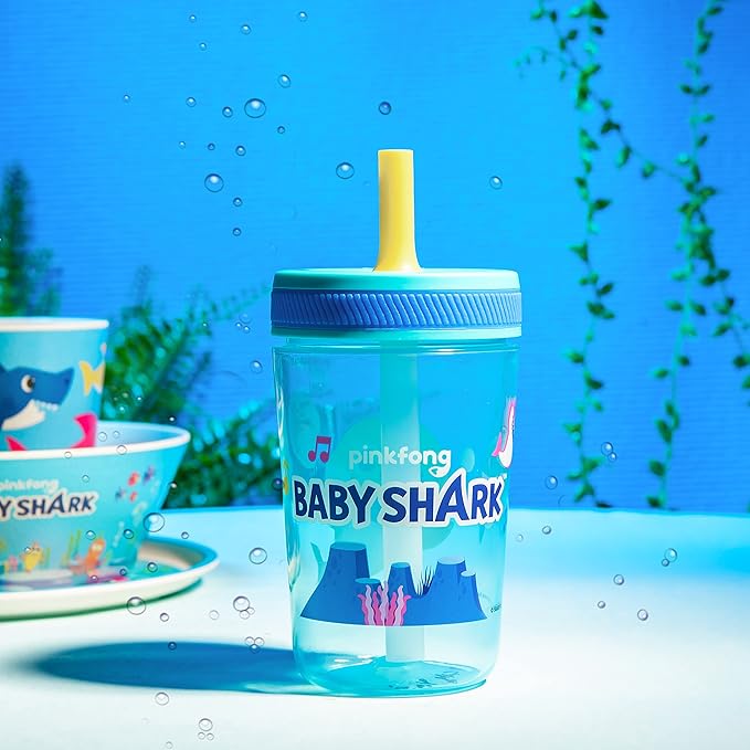 Zak Designs 15oz Baby Shark Kelso Tumbler Set, Leak-Proof Screw-On Lid with Straw Made of Durable Plastic and Silicone, Perfect Bundle for Kids (2pcs Set)