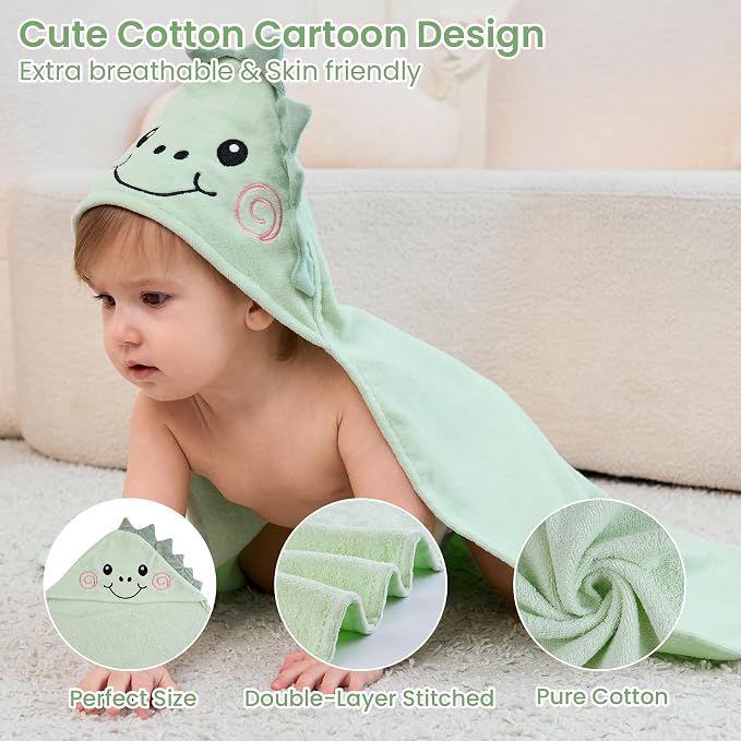 Mooreeke 2 Pack Toddler Towels - 100% Cotton Toddler Hooded Towels - Soft Baby Bath Towel with Hood for Newborn - Comfort Towel for Baby Girls and Boys - Animal Shaped (Puppy & Dinosaur)