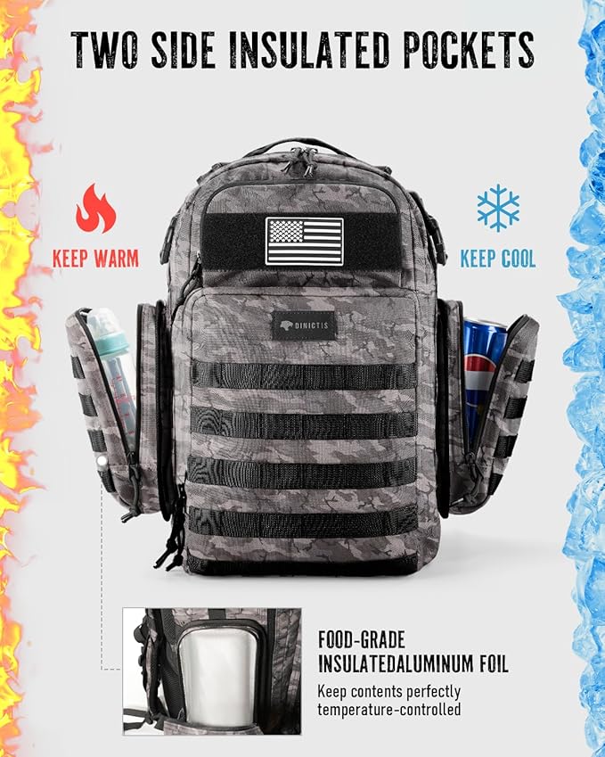 Dinictis Dad Diaper Bag, Mens Diaper Bag Backpack with Diaper Changing Mat, Military Diaper Backpack with Molle Webbing, Waterproof Pouch, Baby Wipes pocket, Insulated Bottle Pockets- Black Camo