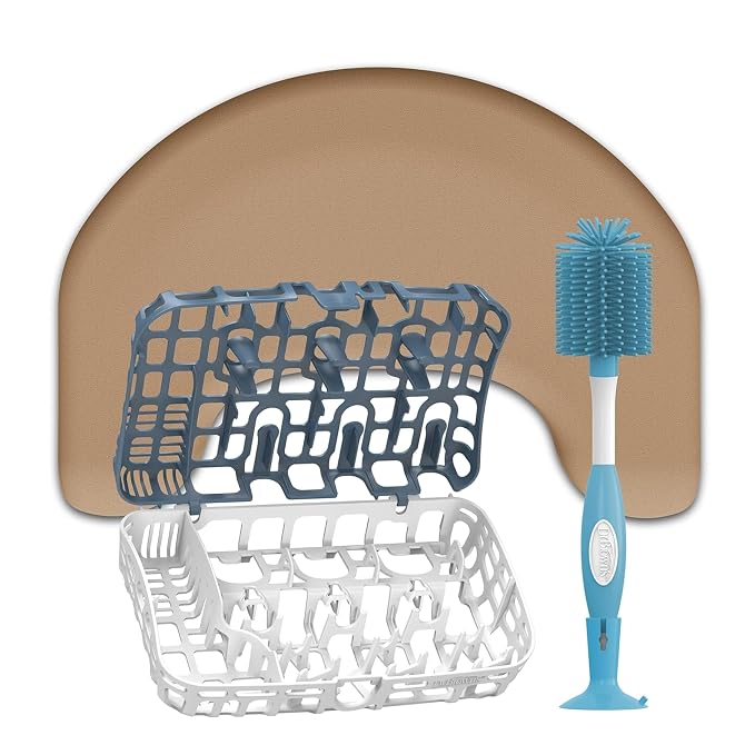 Dr. Brown's Feeding Support Pillow with Cover, Gentle Biege & Soft Touch Baby Bottle Cleaning Brush, Blue 1-Pack & Dishwasher Basket for Small Baby Bottle Parts, Blue