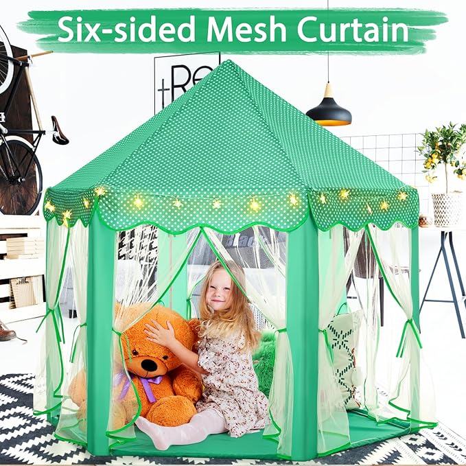 Monobeach Princess Tent Girls Green Large Playhouse Kids Castle Play Tent with Star Lights Gift Toy for Children Indoor and Outdoor Games