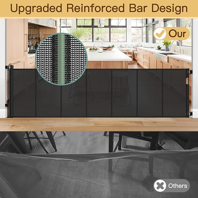 Reinforced 159 Inch Extra Wide Baby Gate for Large Opening with Support Rod, Indoor/Outdoor Retractable Baby Gates Extra Wide, Prevent Babies and Dogs from Crawling Through Retractable Dog Gate, Black