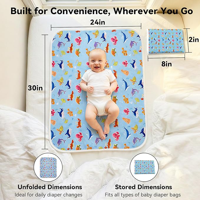 Baby Diaper Changing Mat, Waterproof, Absorbent, Soft Cotton Surface with EVA Backing, 30x24in Unfolded, Compact 8x2in with Storage Strap, Wipeable Diaper Changing Pad for Travel, Baby Gift