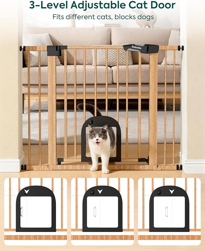 Babelio CatPrivilege ??Baby Gate with Cat Door, 29"-43" Adjustable Brown Wood Pattern Pet Door, 30" Tall Pressure Mounted Safety Gate for Stairs & Doorways, Auto Close,Wall Protectors Included