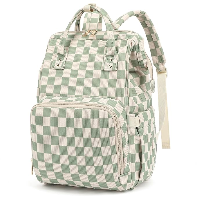 Baby Diaper Bag Backpack for Mom, Large Capacity Travel Nappy Bag for Boys & Girls with Stroller Straps (Corduroy Checkered Green)