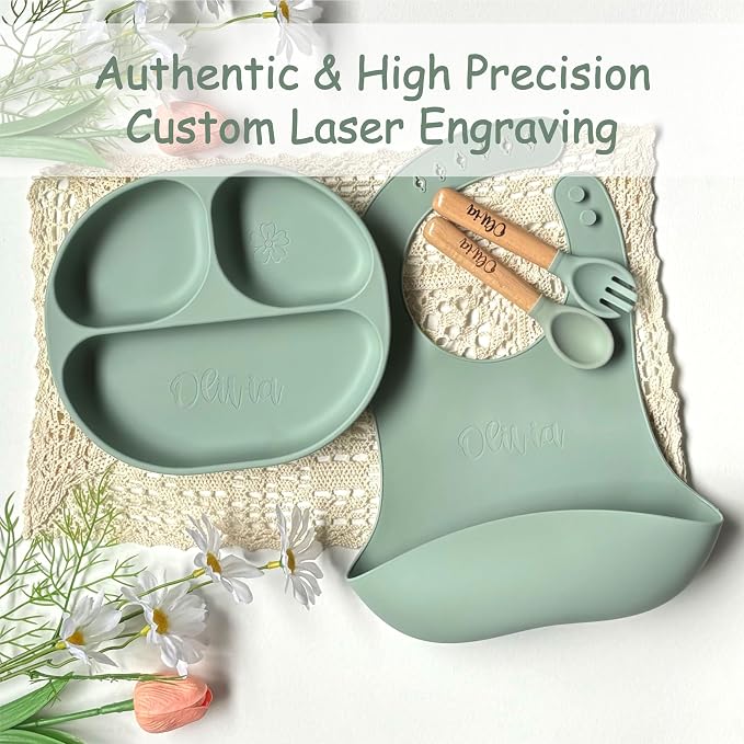 Personalized Silicone Baby Weaning Set,Custom Weaning Set for Toddler,Baby Feeding Set，Suction Plate Bowl Set, Self Feeding Spoons, Bib, Cup, Baby Led Weaning Supplies (Turquoise)