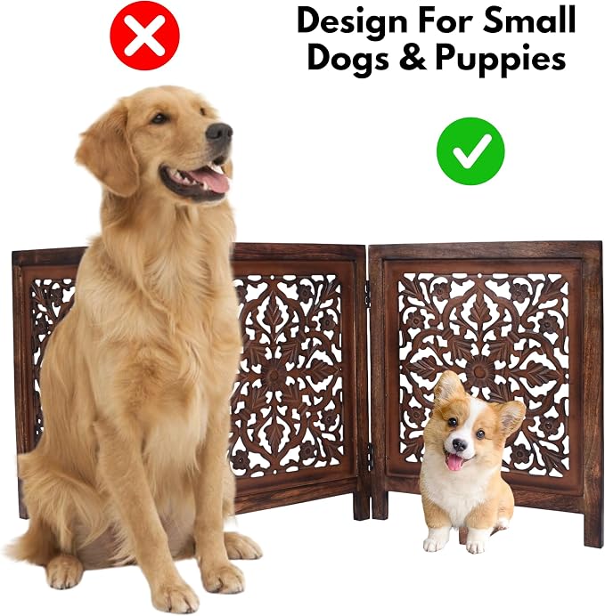 Dog Gate Indoor, Free Standing Folding Wooden Dog Gate for Doorway, Hallway or Stairs, Decorative 3 Panel Wood Pet Fence, 60x24 Inch Pet Gate, Natural Burnt Lucy Design