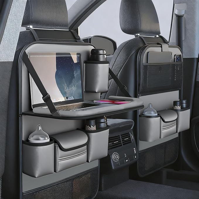 2 Pack Leather Car Seat Back Organizer with Foldable Tray Table, Backseat Car Organizer with Tablet Pocket, Cup Holders, Tissue Pocket, Mesh Pockets, Kick Mat Gray