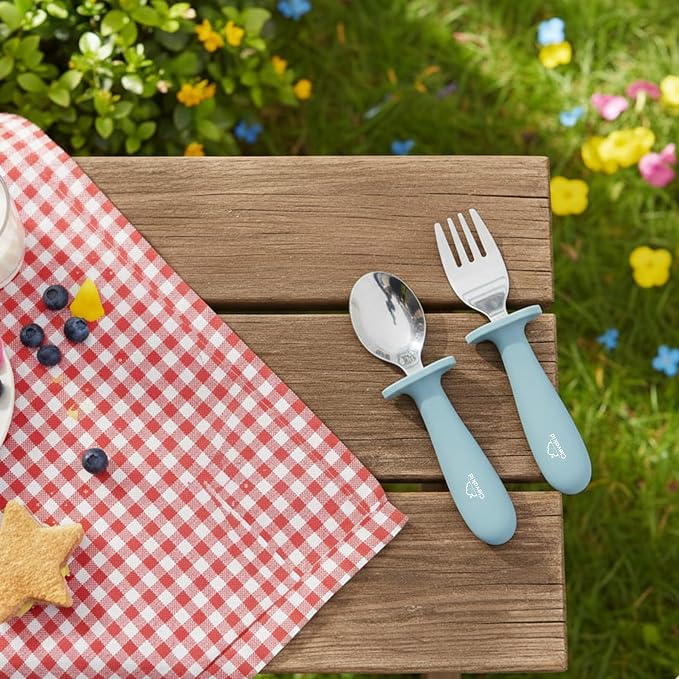 Toddler Stainless Steel Spoon & Fork Set, Non-Slip Silicone Handle, BPA-Free, Self-Feeding (Blue Light)