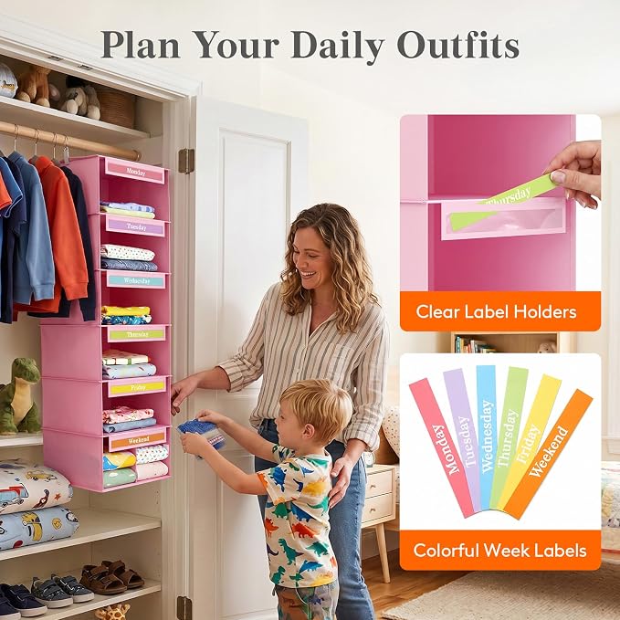 Lifewit 6 Shelf Weekly Clothes 0rganizer for Kids, Baby Hanging Closet Storage with Color Labels for School Outfits, Todder Daily Clothing Divider with Days of The Week Monday to Friday Weekend, Pink