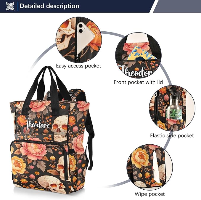 Custom Name Skull Orange Marigolds Diaper Bag Stroller Straps Gift Mom Dad