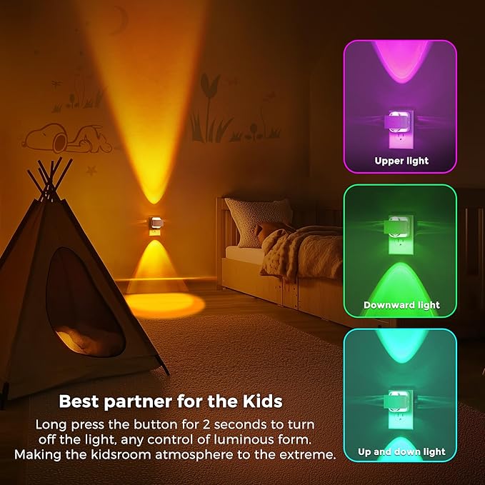 L LOHAS LED Night Light, Color Changing Night Lights Plug into Wall, Rotating White Nightlight, Dusk to Dawn Sensor, RGB Rainbow Nightlights Projector for Bathroom, Gaming Room, Decor, Gifts,2 Pack