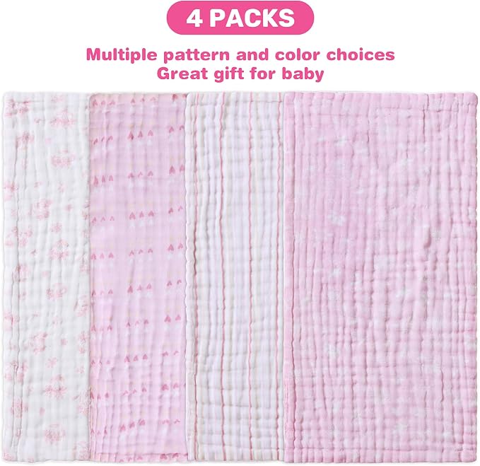 Viviland Baby Muslin Burp Cloths, Super Absorbent Washcloths for Baby Girl and Boy, 10 x 20 inches 6-Layer Baby Bath Towels, Pink Flowers & Hearts 4 Pack
