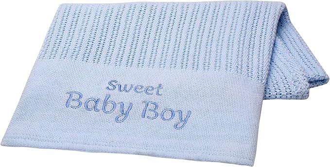 Cotton Knit Baby Blanket with Embroidery, Sweet Baby Boy, 30 in. x 40 in., Blue