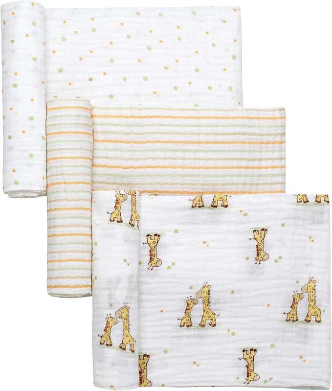 3 Pack Cotton Muslin Swaddle Blankets for Baby, 40" x 36", Lightweight, Breathable, Multicolored Print, (Little Me Giraffe)