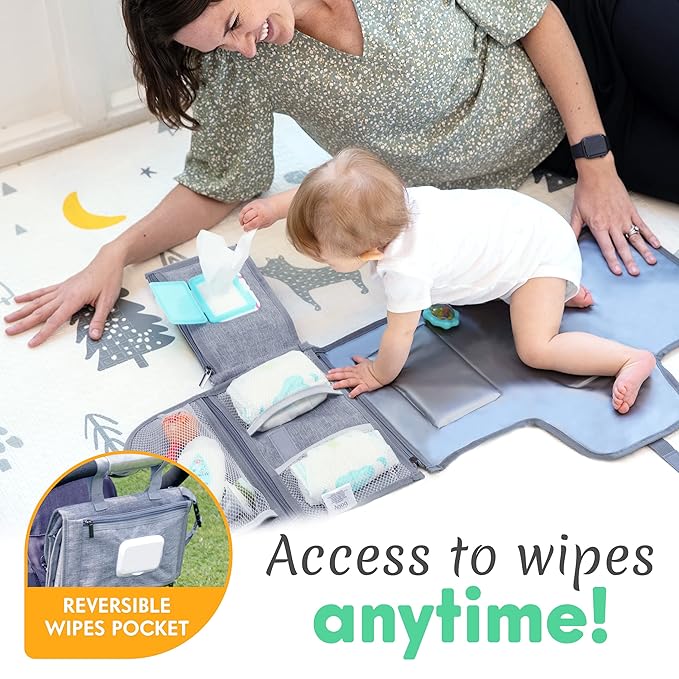 Kopi Baby Portable Diaper Changing Pad - Baby Diaper Changer Travel Bag with Wipes Pocket, Smart Design Portable Changing Mat, Infant Travel Station Kit, Gift for Newborn Girl & Boy - Grey, Premium