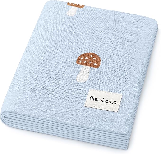Mushroom Baby Blanket for Boys 100% Cotton Buttery Soft Cozy Receiving Swaddle Crib Stroller Blanket for Shower Gift Registry for Newborns, Infants, Toddlers (Mushroom - Blue)