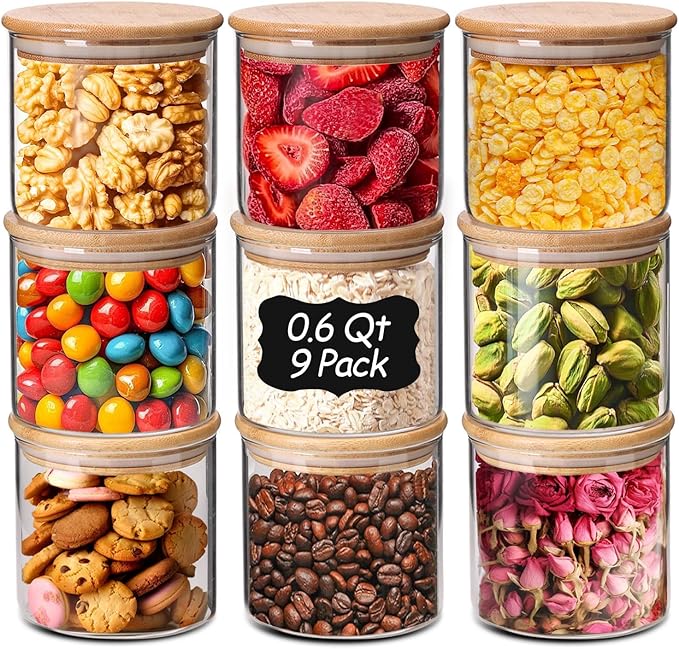 ComSaf 0.6 Qt Glass Food Storage Jars Set of 9, Clear Glass Storage Containers with Lids, Pantry Organization Jar, Spice, Blooming Tea, Oat, Coffee and Sugar Container, Small Canister Set for Kitchen