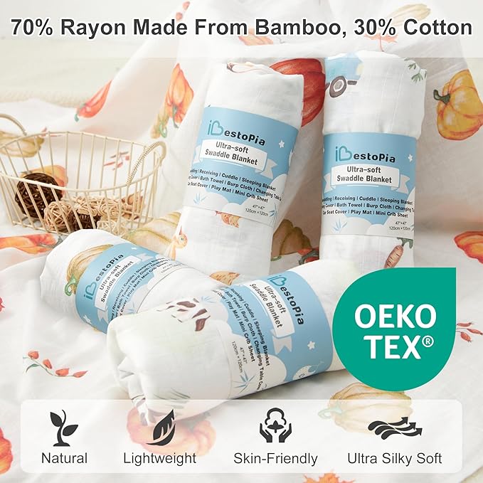 Muslin Swaddle Blankets for Newborn, 4 Pack Large 47"x47" Soft Breathable Bamboo Cotton Baby Blanket, Lightweight Receiving Blanket for Boys and Girls, Farm Life