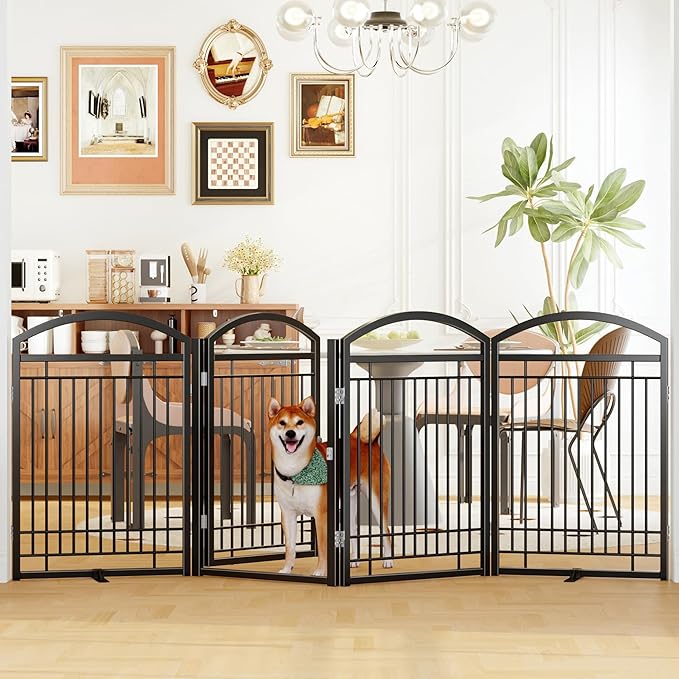 Folding No-Assembly Metal Freestanding Dog Gate with Door Walk Through,32" Height Pet Fence,96" Extra Wide Accordion Puppy Folding Playpen for Doorways,House,Stairs (4 Panels,Black)