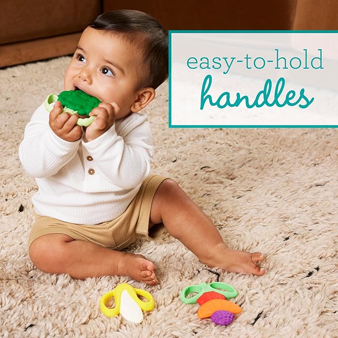 Infantino Lil??Nibbles Textured Silicone Teethers, BPA-Free Baby Teething Toy, Soft, Easy to Hold, Sensory Stimulation for Infants, Banana, Broccoli, Fruit Kabob, 3-Pack Set