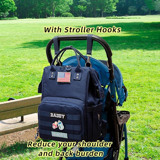 Diaper Bag Backpack for Dad and Mom with USB Charging Port Stroller Straps and Insulated Pocket,army military Travel Nappy Backpack for Daddy/Mommy (Navy)